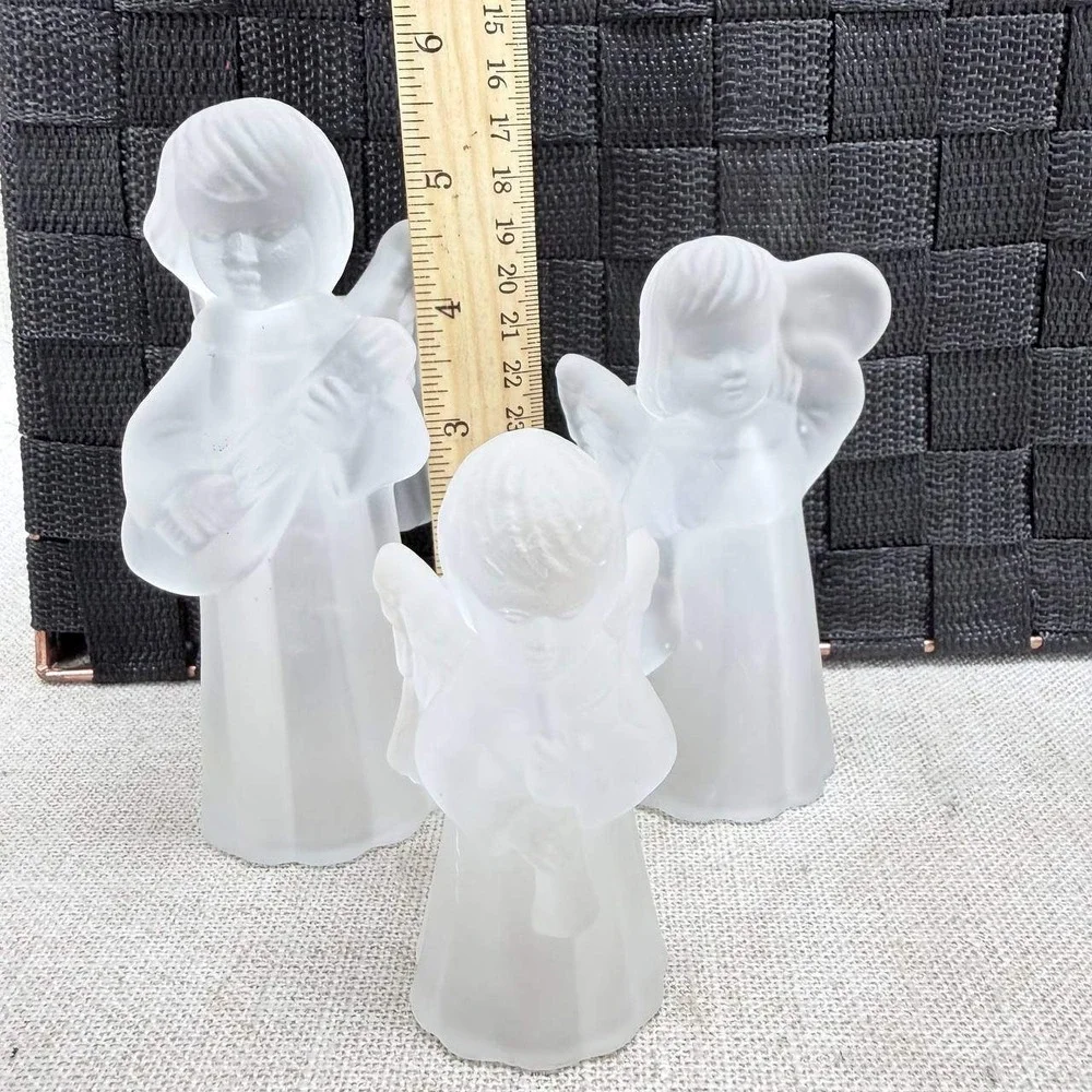 Vintage Frosted Glass Angel Figurine Set of 3 Musical Taper Candle Holders White